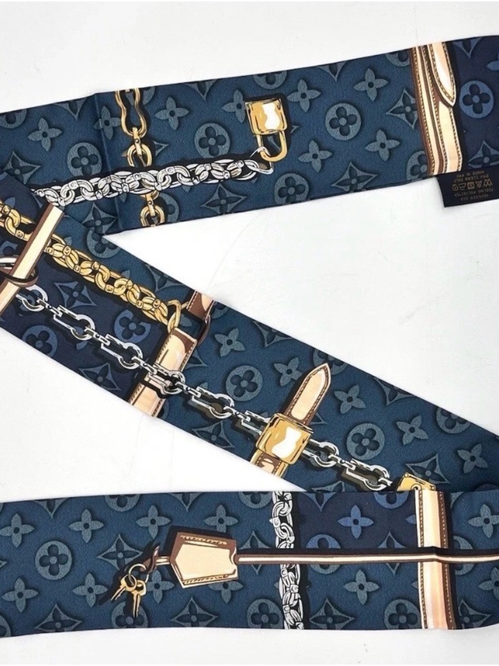 Denim with Gold & Silver Lock and Chain Navy Twilly Bag Scarf